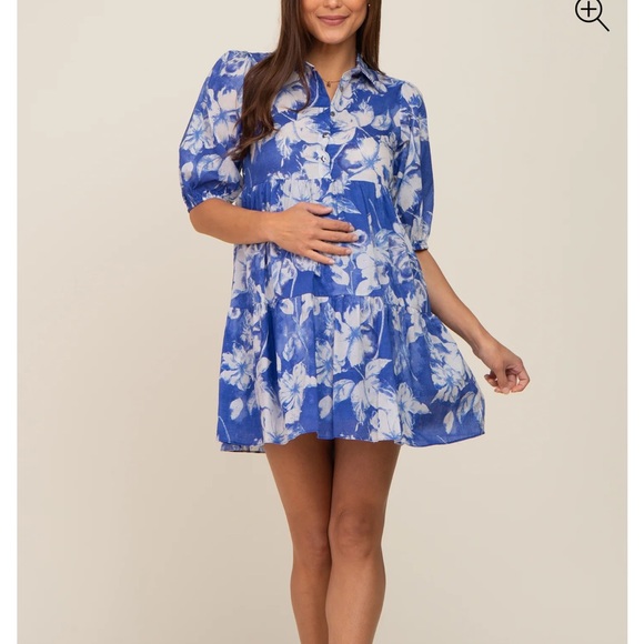 Royal Blue Floral Collared Puff Sleeve Maternity Dress - Picture 4 of 6